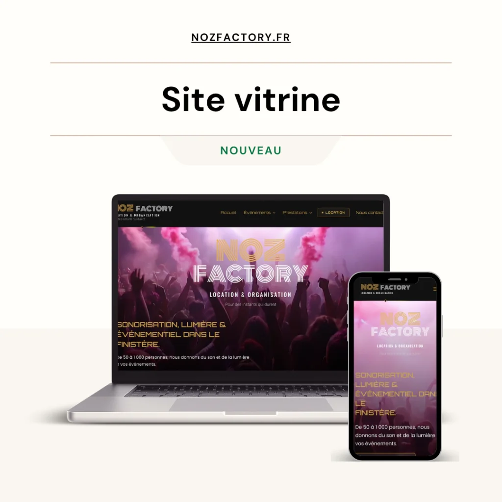 Site vitrine Noz Factory réalisé par EasyWeb Studio, présenté sur ordinateur portable et smartphone