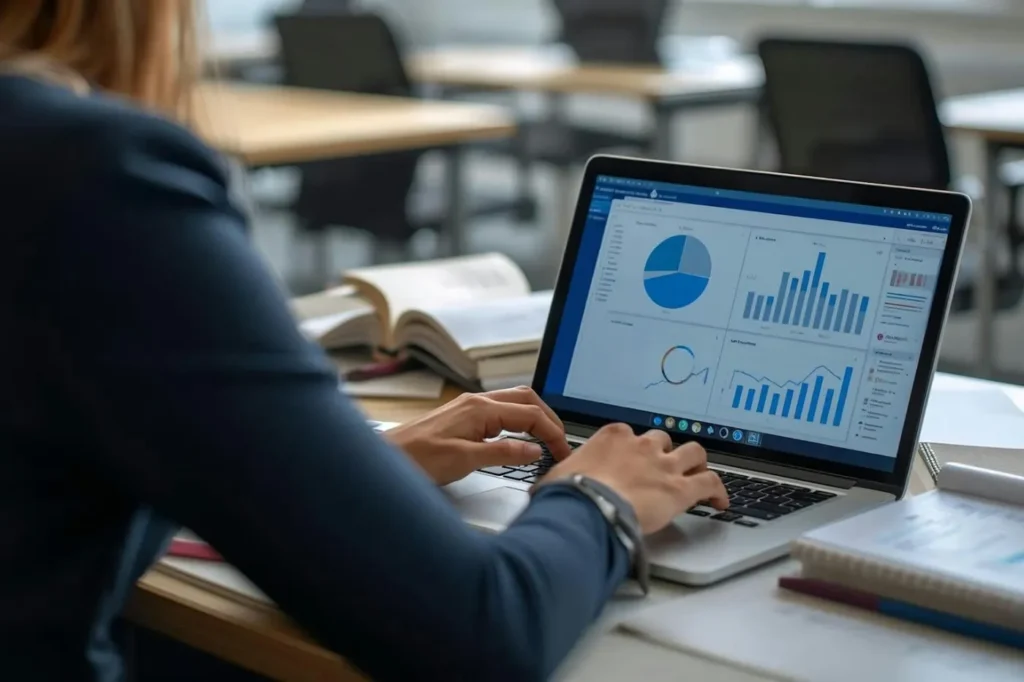 Professionnelle analysant les performances d’une campagne publicitaire sur ordinateur portable