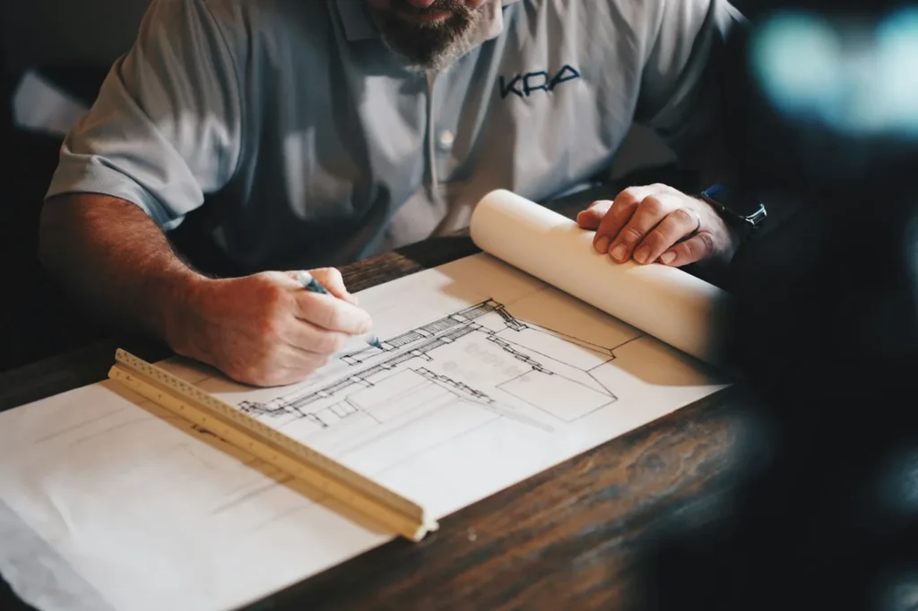 Architecte annotant des plans sur sa table de travail
