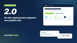 Illustration de la version 2.0 : interface de site moderne, barre de progression d’un devis en 10 étapes et confirmation d’envoi