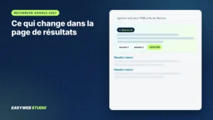Schéma d’une page de résultats Google avec un bloc de réponse généré par l’IA au-dessus des résultats naturels