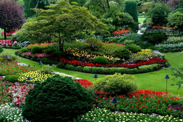 Jardin paysager avec massifs fleuris et pelouse entretenue